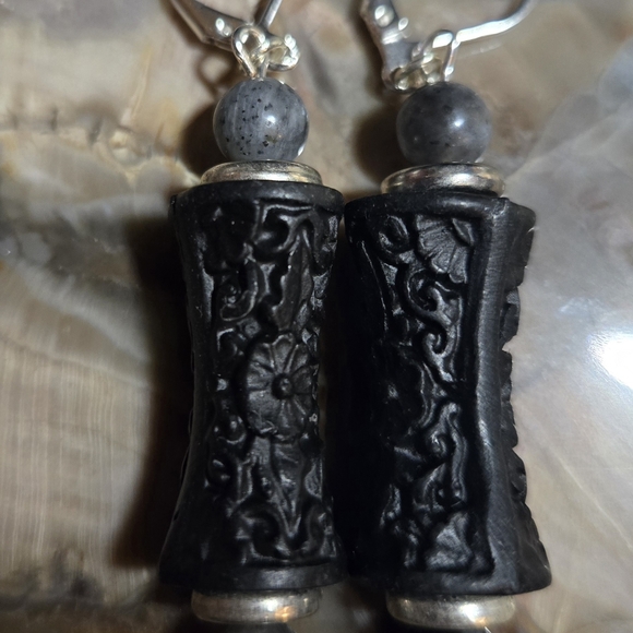 Artisan Jewelry - Artisan Black Carved Cinnabar And Larvikite Earrings
